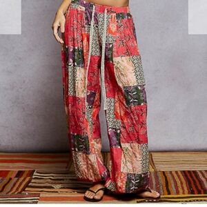 Boho Patchwork Wide-Leg Pants - Red Patchwork